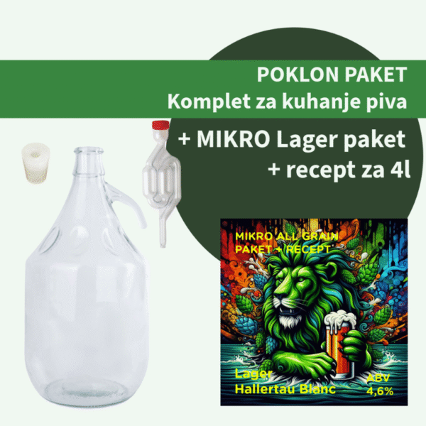 POKLON PAKET - MIKRO Lager Hallertau Blanc + Stakleni demižon Toscana 5l, s vrenjačom i silikonskim čepom