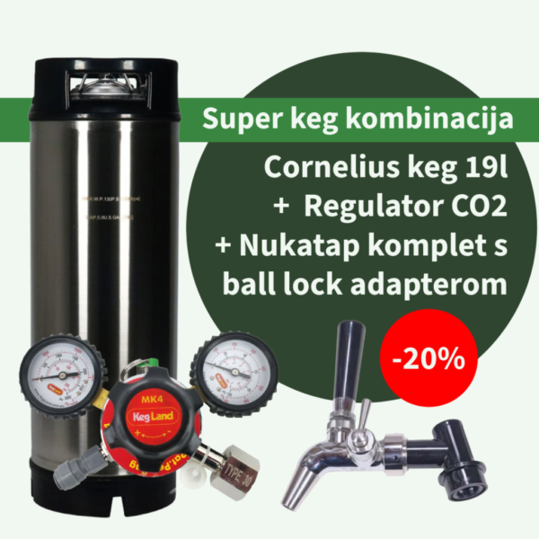 Super keg kombinacija Cornelius Keg 19l + Regulator za CO2 i miješane plinove - tip 30 s dva manometra + Ball-lock konektor za pivo s integriranim adapterom (shank) za slavinu + Slavina za točeno pivo Nukatap G2 – sa regulacijom protoka + Ručka za slavinu duga + opruga za zatvaranje slavine