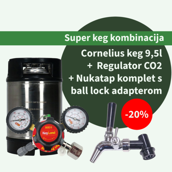 Super keg kombinacija 9,5 Cornelius Keg 9,5l + Regulator za CO2 i miješane plinove - tip 30 s dva manometra + Ball-lock konektor za pivo s integriranim adapterom (shank) za slavinu + Slavina za točeno pivo Nukatap G2 – sa regulacijom protoka + Ručka za slavinu duga + opruga za zatvaranje slavine